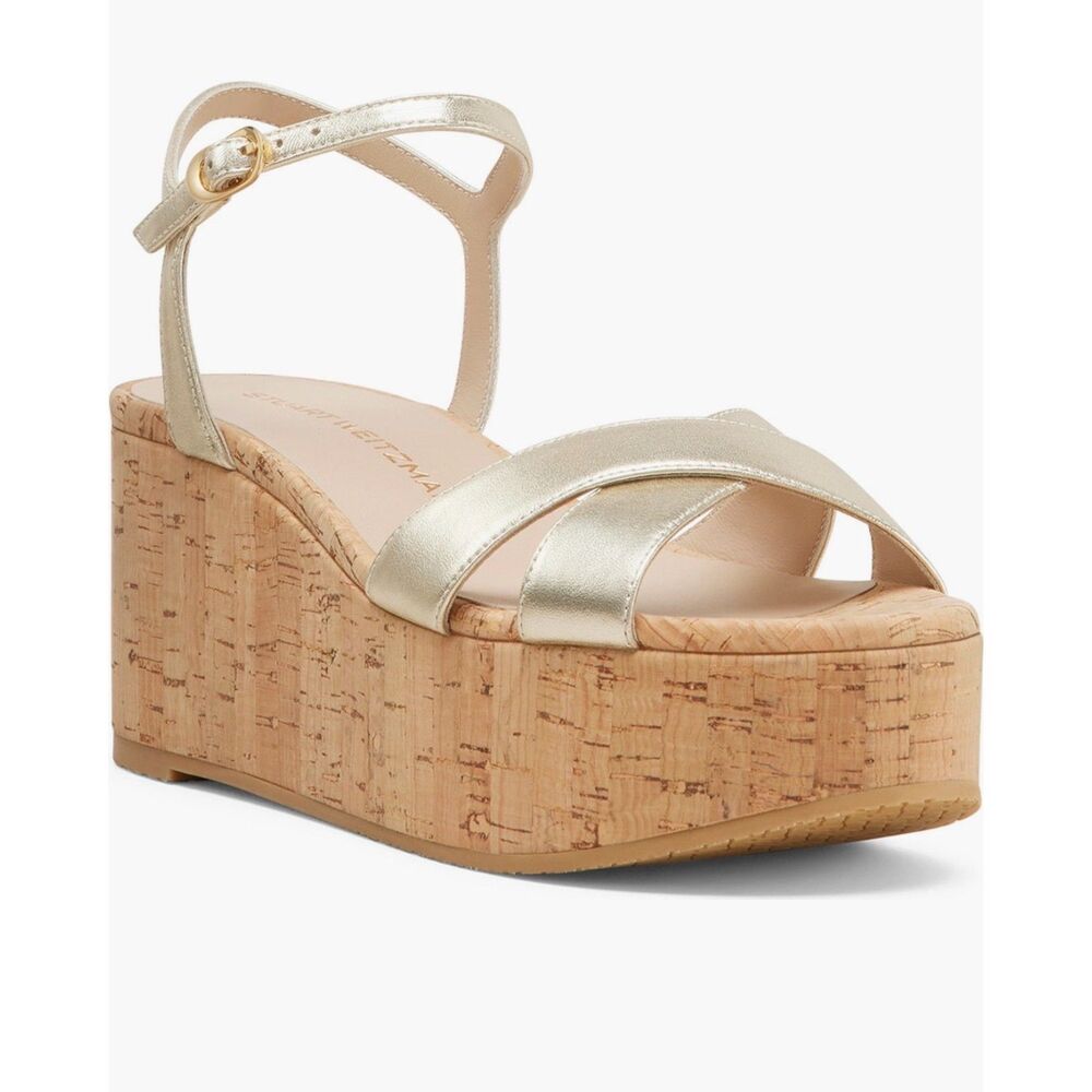 NEW - STUART WEITZMAN Dayna Ankle Strap Cork Wedges, Light Gold, Sz 8.5B